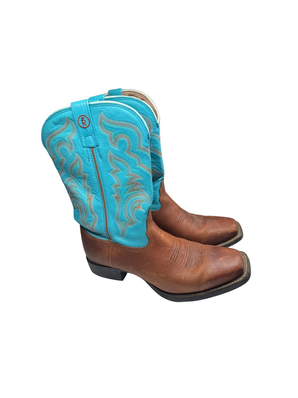 Tony Lama Brown Leather Cowboy Boots with Turquoise Shaft square toe cowgirl 10C